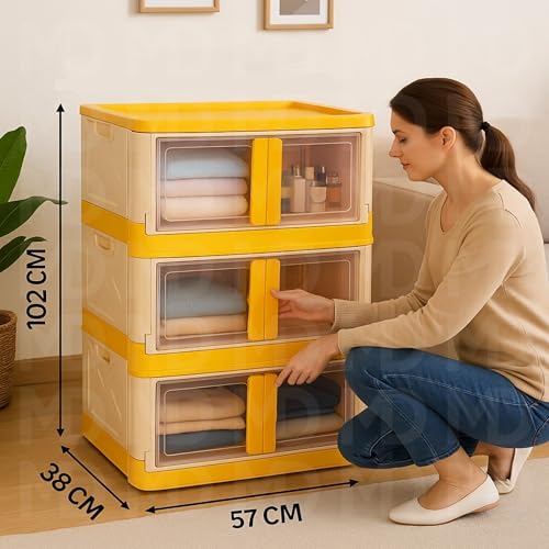 Image of MECHDEL Wardrobe Organizer for Storage /Polypropylene Foldable & Stackable Closet Basket /Cupboard Organizer for Clothes /Mounted Closet Systems (STORAGE BIN-ORANGE, 3PCS)