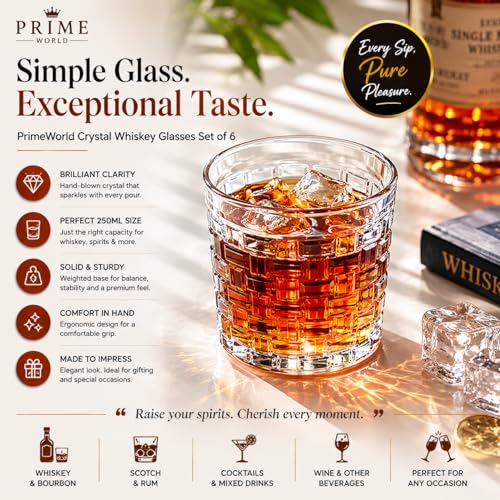 Image of PrimeWorld Crystal Whiskey Glasses Set of 6 | 250ml Hand-Blown Crystal Drinking Glasses with Weighted Bottom | Premium Barware for Bourbon, Scotch, Cocktails, Whisky, Wine & Beverages