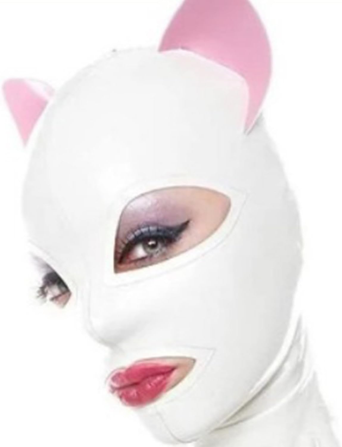 Cat Latex Hood Rubber Head Mask with Zipper Open Eyes Mouth with Cat Ears for Cosplay bdsm Club Wear