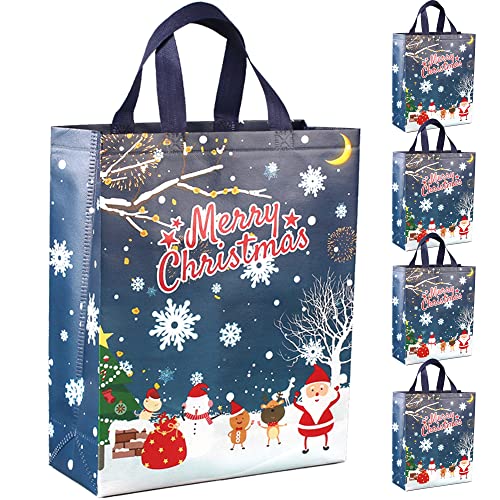 Image of DOJoykey 5pcs Christmas Tote Bags, Blue Non-woven Fabric Gift Bags Large Size with Handle for Xmas Gift Delivering Shopping Party Decoration