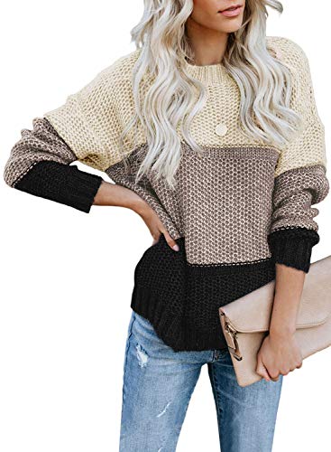 CANIKAT Women’s Ladies Fall Crewneck Color Block Netted Texture Knit Jumper Pullovers Long Sleeve Casual Loose Warm Sweaters Tops Black M