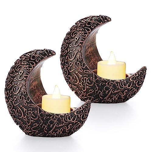 OwnMy Set of 2 Moon Candle Holders Resin Moon Shaped Tealight Holders Elegant Votive Candle Stands, Red Bronze Moon Pillar Candlestick Holders Vintage Resin Moon Candle Lamps for Table Centerpieces