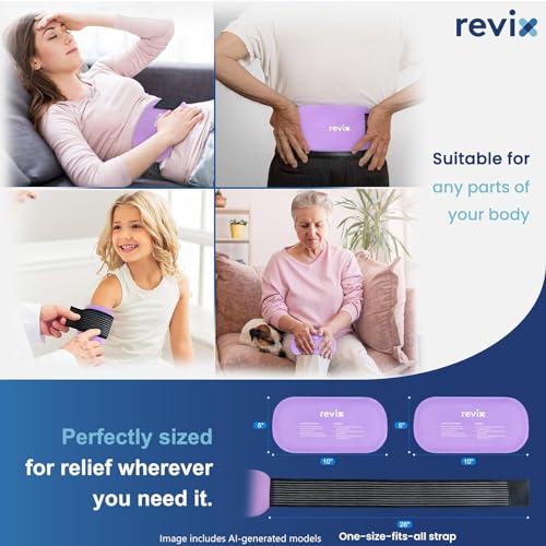 Image of REVIX Reusable Ice Packs for Injuries, 2 Gel Ice Packs Set, Soft Hot & Cold Therapy for Shoulder, Back, Knee, Abdomen, Soothing Discomfort and Fatigue, 12 inch x 6 inch Purple