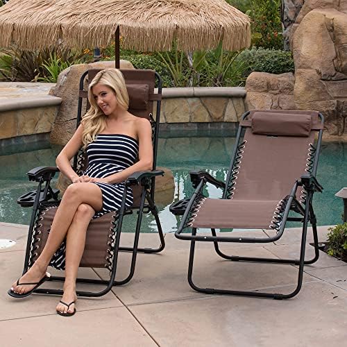 BELLEZE Zero Gravity Chairs Set of 2, Outdoor Adjustable Folding Lawn Chairs Recliner Chairs with Cup Holder Pillow, Lounge Chairs for Patio Camping Garden Beach Pool Side Deck, Brown