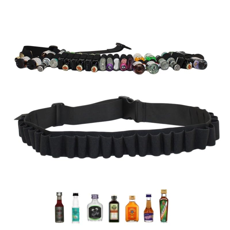 Charinor Berentzen Klopfer Gürtel Schnapsgürtel Kostüm für Jägermeister Shot Schnaps mini Alkohol Kette Klopfergürtel Zapfanlage für Karneval 27 Slots(Schwarz)