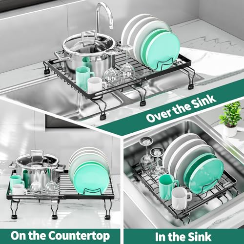 SanDream Over The Sink Dish Drying Rack, in Sink Dish Rack, Expandable Dish Drainer for Kitchen Counter with Adjustable Legs, Compact Dish Drainer Drying Rack for Kitchen Sink (Black)