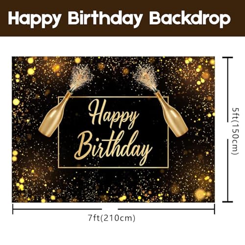 Image of 1 pc Happy Birthday Black Gold Backdrop (7ft X 5ft) Cloth Curtain Decoration for Kids and Adults (Pack of 1)