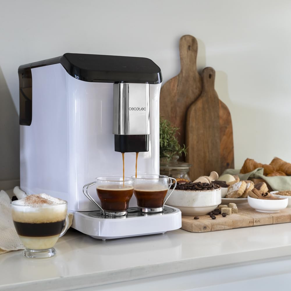 Cecotec Macchina da Caffè Superautomatica Cremmaet Macchia White. 1350 W, Thermoblock, Pompa di Pressione da 19 bar, Sistema Plug&Play, Serbatoio di Caffè con Macinacaffè Integrato