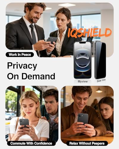 Image of IQShield My-View Privacy Screen Protector Tempered Glass Guard for iPhone 14 / 16E / 17E and iPhone 13 /13 Pro, 9H Hardness, 2-Way Anti-Spy, Case Friendly [1 Pack]