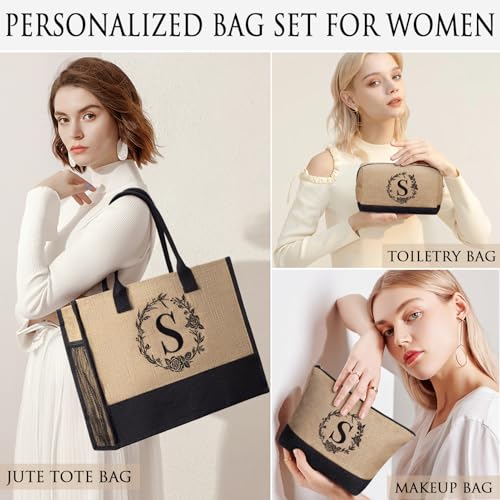 Image of Personalized Birthday Gifts for Women, Monogrammed Initial Jute Tote Bags | Beach Tote Bag & Makeup Bags w / Zipper, Christmas Women Gifts for Mom Her Friends Sister Coworker Nurse Teacher Appreciation
