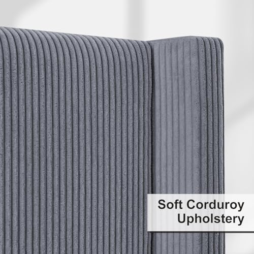 HOWE Queen Size 61\" Corduroy Upholstered Bed Frame, Platform Bed with Vertical Stripe Wingback Headboard, No Box Spring Needed/Noise Free/Solid Wood Slats & Legs/Grey - Thumbnail 3