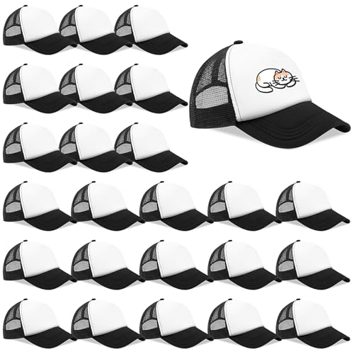 Lot de 24 casquettes de baseball vierges par sublimation pour enfants, chapeaux de camionneur réglables en vrac, casquette d'été en maille pour garçons et filles (noir sur blanc)