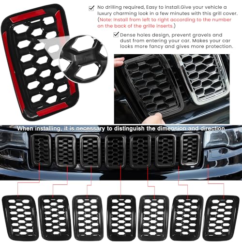 Grill Inserts Rings Covers For Jeep Grand Cherokee 2017 2018 2019 2020 2021 Honeycomb Grill Mesh Exterior Accessories Cover Overlay Kit,Not Fit SRT, Trackhawk, or 2021 Grand Cherokee L Models(Black)