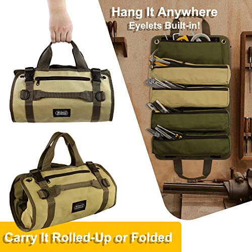 Tool Roll Organizer, Roll Up Tool Bag With Detachable Pouches, Heavy Duty Tool Organizers With 6 Tool Pouches - Tool Roll Pouch For Mechanic, Electrician & Hobbyist (Khaki+Green) #TOP5