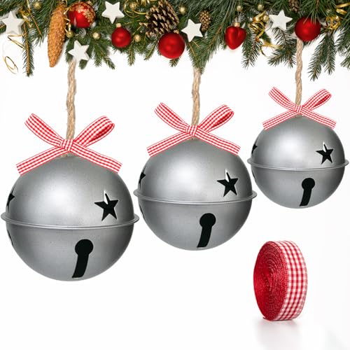 3Pcs Giant Christmas Bells 5.5 4.7 4 H Vintage Christmas Tree Ornaments Large Size Jumbo Jingle Bell Set with Jute Hanging Rope and Ribbon for Door Yard Home DIY Craft Decoration (Silver)