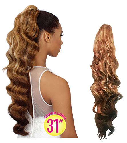 EVE HAIR 100% Heat Retardant Fiber Synthetic Clip In Claw Drawstring Ponytail Hair Extension for Beauty - 31 Inches Super Long Curly Ponytail - Color # 613