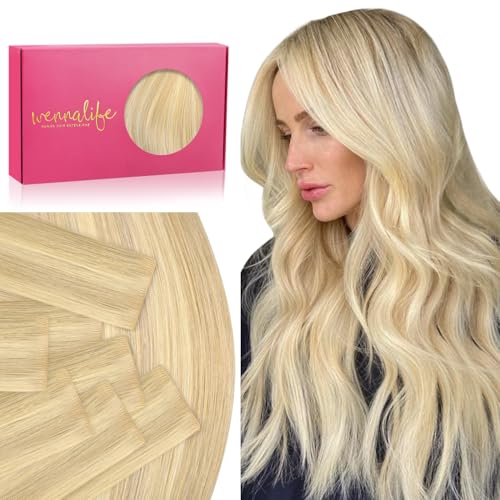 Image of WENNALIFE Invisi Edge Tape in Hair Extensions Human Hair | 20 Inch 50g 20pcs Light Blonde Highlighted Golden Blonde Invisi Remy Hair tensions Seamless Injected Tape Ins Straight