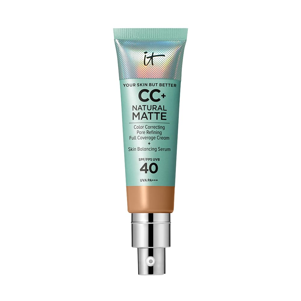 IT Cosmetics Full Coverage Foundation, Natural Matte, Made with Hyaluronic Acid, SPF 40 Protection, Your Skin But Better CC+, Shade: Tan, 32ml