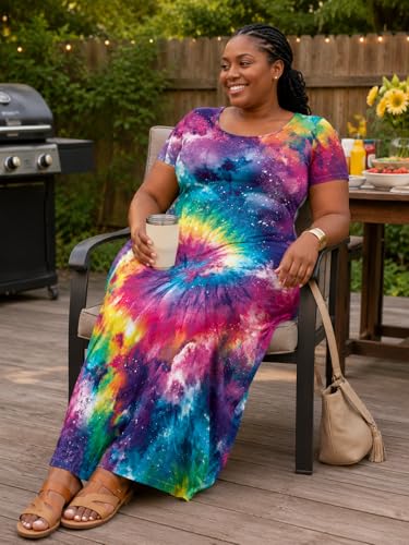 Image of SUZONANA Plus Size Dresses for Women Summer Casual Maxi Dress Short Sleeve Loose Vacation Dress