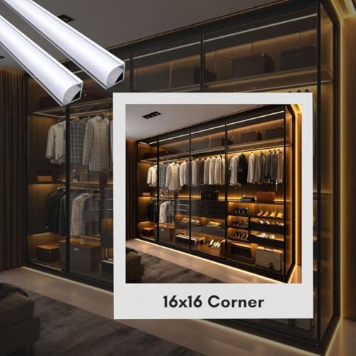Image of LED Aluminum Corner Profile Channel Pack with Diffuser Cover, End Caps & Mounting Clips - 1 Meter LED Strip Housing for Cabinet, Shelf, Wardrobe & Ceiling Lighting (Pack of 6) 16x16mm
