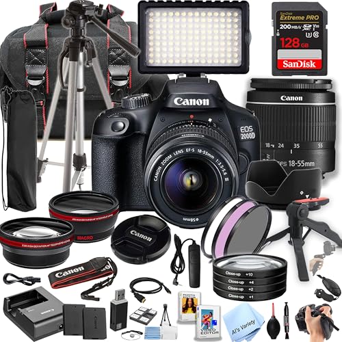 Canon EOS 2000D / Rebel T7 DSLR Bundle w/Canon EF-S 18-55mm f/3.5-5.6 is II Lens + 128GB Extreme Memory, LED Video Light, Wide Angle Lens, Telephoto Lens, 3pc Filter Kit- 39pc Pro Bundle (Renewed)