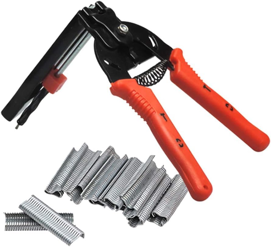 Image of Hog Ring Pliers Kit with 600 Pcs of Galvanized Steel Hog Rings, Hog Ring Chicken Duck Goose Dog Cat Rabbit Kit Clamp with Nail Groove, Repair Hand Tools for Animal Cages, Wire Fencing, Railing-Red