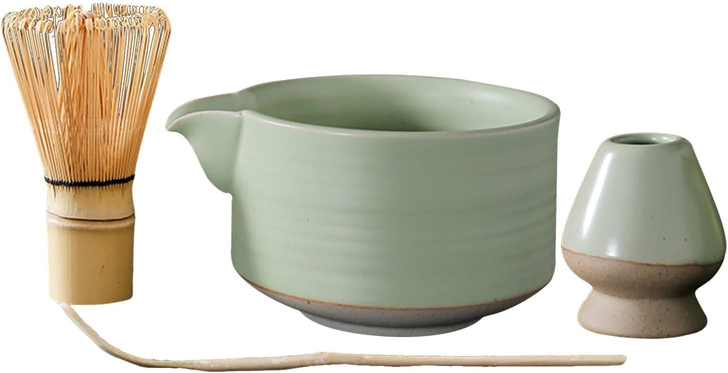 4 Pieces Traditional Matcha Set,Bamboo Whisk and Whisk Holder Bowl,Japanese Matcha Ceremony Accessory for Tea Lovers Friends Best Gift Green