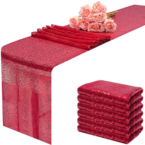 Aorokugatsu 12x108 inch Red Sequin Table Runner Sparkly Glitter Table Linens 6 Packs for Party Decorations Wedding Birthday Baby Shower Engagement Anniversary by Aorokugatsu - Used condition - US$27.48