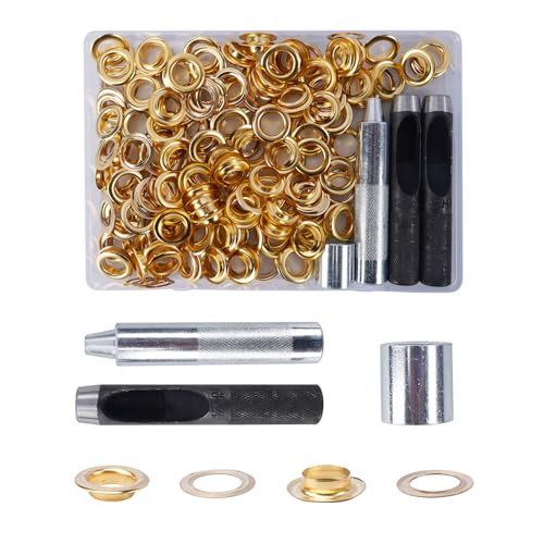 KJLEEN 140 Sets Grommet Tool Kit, 12mm Gold Eyelet Punch Kit, Brass Grommets Eyelets Set, Metal Grommet Eyelet Kit for Canvas Curtains Tarpaulins Awnings Leather Clothing Fabric Bag Craft (Gold)