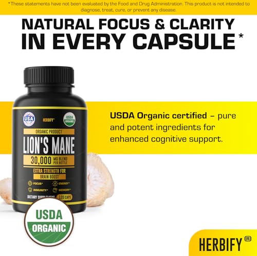 Image of HERBIFY Lions Mane Supplement - Daily Mushroom Supplement for Memory, Focus & Clarity - Brain Booster - Lions Mane Capsules for Natural Immune Support - Vegan, Organic - 120 Capsules