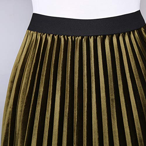 Nadalan Women's Gold Velvet Pleated Long Skirt Dark Green #TOP3