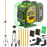 Alloyman 4x360°Self Leveling Laser Level, 12 Ft./3.7M Professional Laser Level Pole with Tripod, Green Line Lazer Leveler Tool with 2* Li-ion Batteries for Picture Hanging, Tile, Home Renovation
