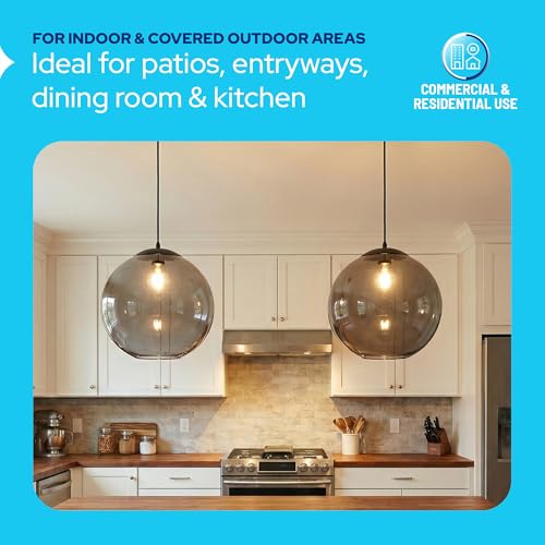 Image of KASTLITE 12 inch Acrylic Globe Pendant Light Fixture, 8W 3000K Filament LED Bulb, Ceiling Mount - Kitchen Pendant Lighting Over Island, Hanging Dining Light, Living Room Lamp - Smoke Shade, Black Base