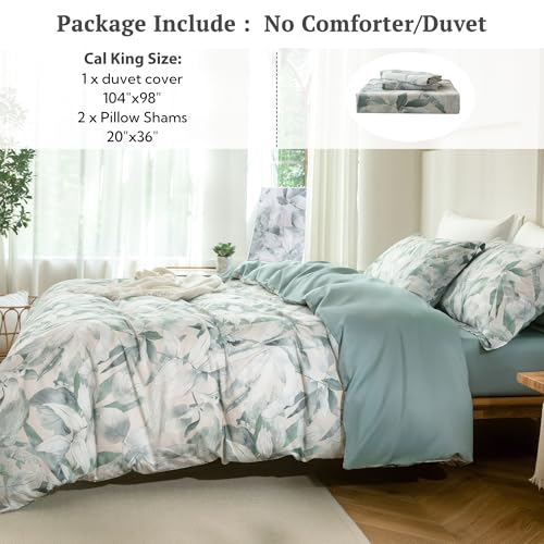 MILDLY Cal King Size Duvet Cover Set 100% Long-Staple Cotton Luxury Sage Green Leaves Patten Reversible Comforter Cover Set 3Pcs