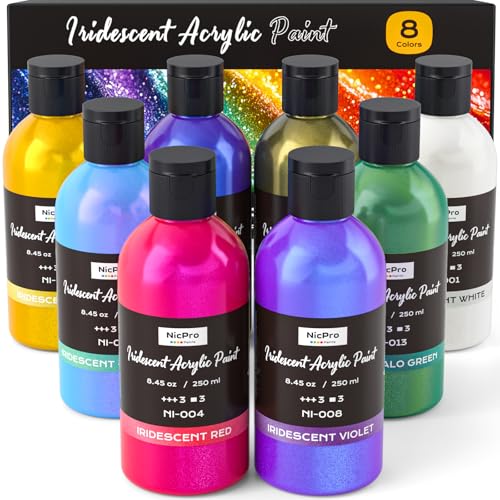Nicpro 8 Farben schillernde Acrylfarben Set 8×250 ml Großpackung Metallic Acrylfarbe Farbwechsel und ungiftiges Malzubehör für Leinwand Stoff Stein Holz mit Farbrad