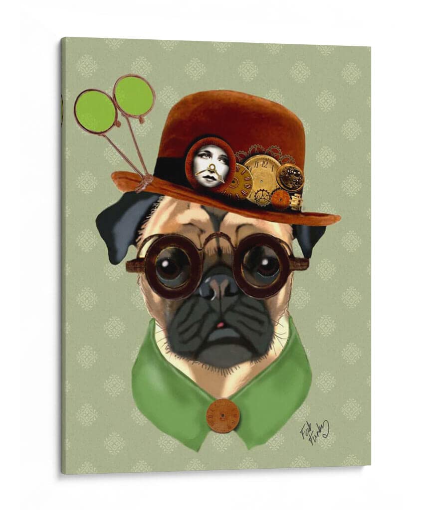 Canvas Lab Canvas Wall Art Decor Pug With Steampunk Bowler Hat by the Artist Fab Funky – Size: 15 x 20 in - Art subject: Animals,Nature,Nature and animals
