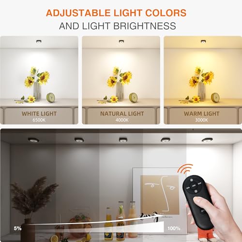 Image of Rechargeable Mini Puck Lights with Remote Control, Ultra-thin Tap Light with Adjustable Brightness (10%-100%) & 3 CCT (3000K /4000K /6500K), Perfect for Hallway, Stairway, Closet(6 Pack, Black)