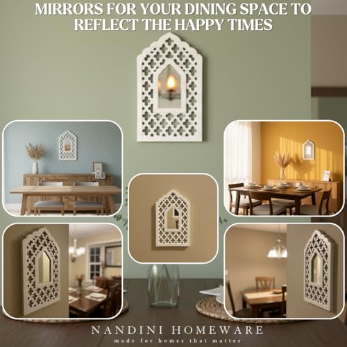 Image of Handcrafted Traditional White Mughal MDF Wooden Mirror Jharokha Wall Art | Mughal-Inspired Boho Style Decorative Wall Hanging (White Mughal)