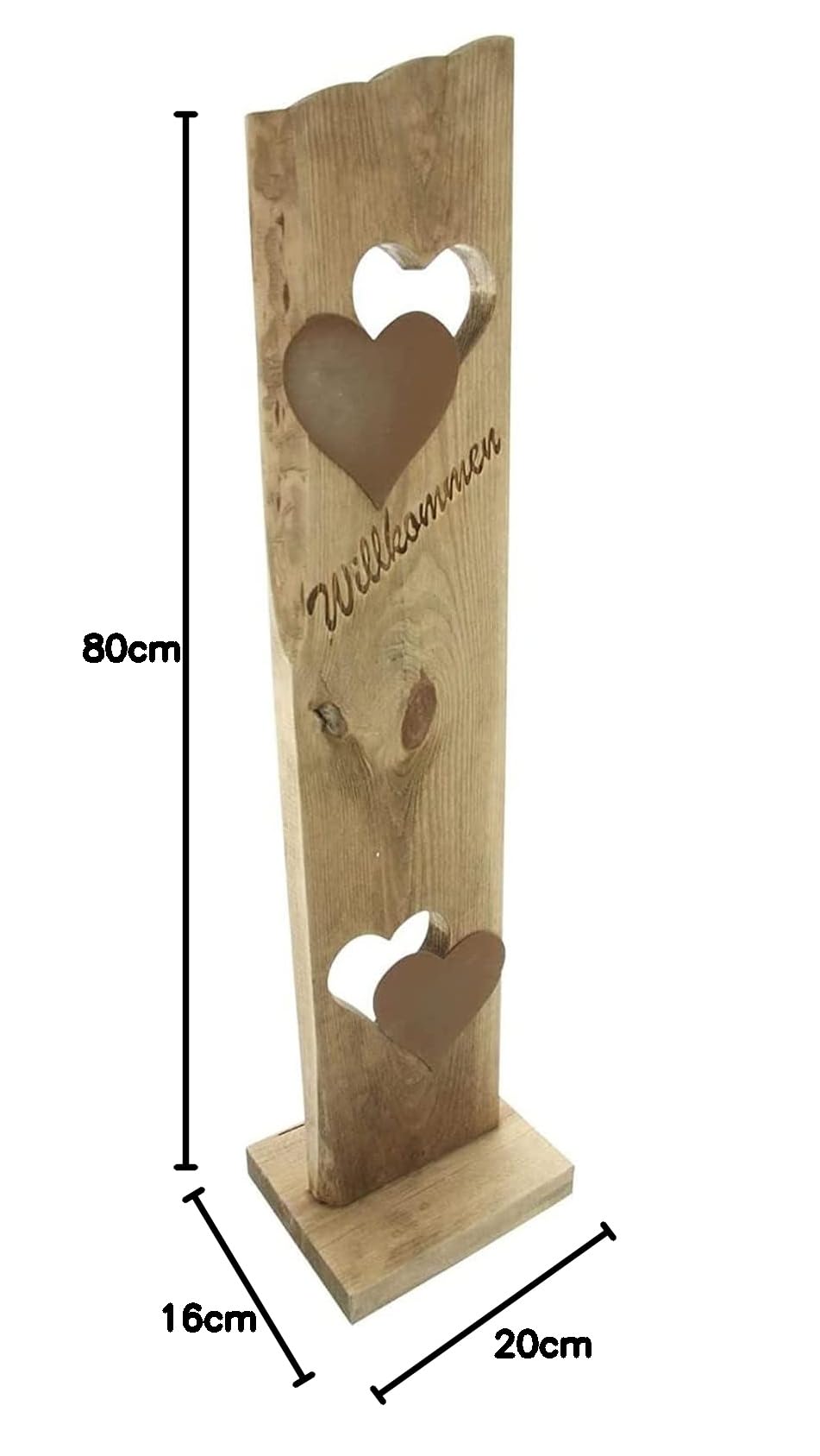 Dekosäule "Willkommen" aus Holz, 80 cm hoch, 2 Metall-Herzen in Rost-Optik