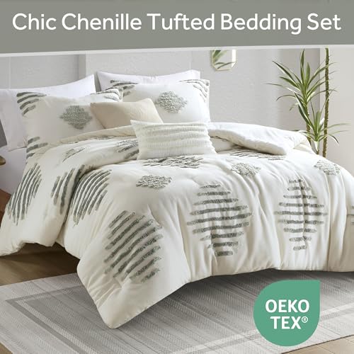 Image of Ink+Ivy Comforter Set Chenille Tufted Geometric Comforter for King Size Bed, Down Alternative All Season Lightweight King Bedding & Shams, Shay, King /Cal King, Green /Ivory 3 Piece