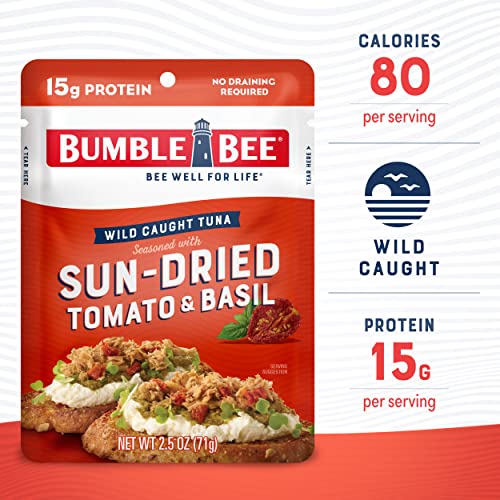 Bumble Bee Sun-Dried Tomato & Basil Seasoned Tuna, 2.5 Oz Pouches (Pack Of 12) - Ready To Eat - Wild Caught Tuna Pouch - 14G Protein Per Serving - Gluten Free #TOP1