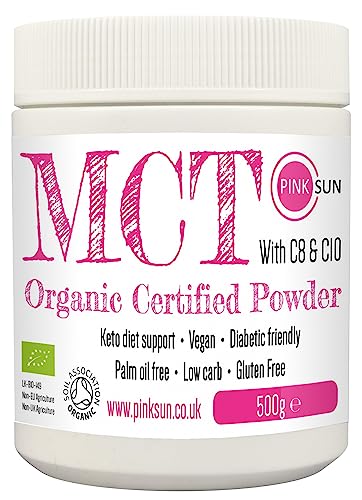 PINK SUN Organic MCT Oil Powder 500g C8 and C10 with Acacia Fibre - Support Keto Diet - from Coconut Oil Food Grade Gluten Free Vegan Vegetarian No Preservatives