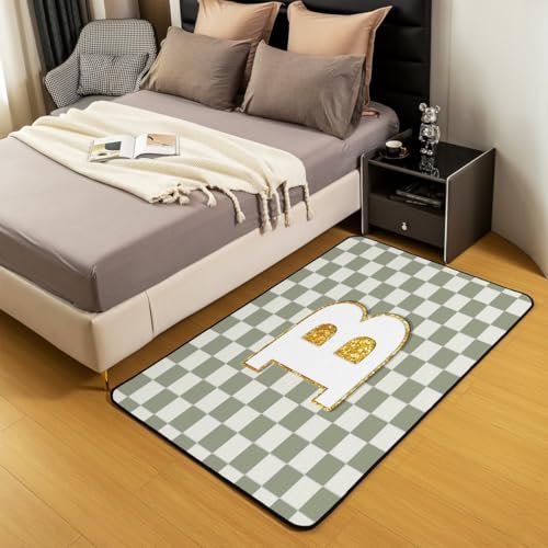 Image of Erosebridal Sage Green Checkered Area Rug 3x5 Plaid Initial B Living Room Rug Non Slip Personalized Monogram Carpet for Bedroom Kitchen Fashion Grids Gingham Indoor Floor Mat Non Slip