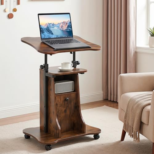LDAILY Mobile Podium Stand, Height-Adjustable Portable Rolling Laptop Stand with Storage Cabine & Tilting Desktop, Sit to Stand Desk Laptop Cart with Lockable Casters for Office (Rustic Brown)