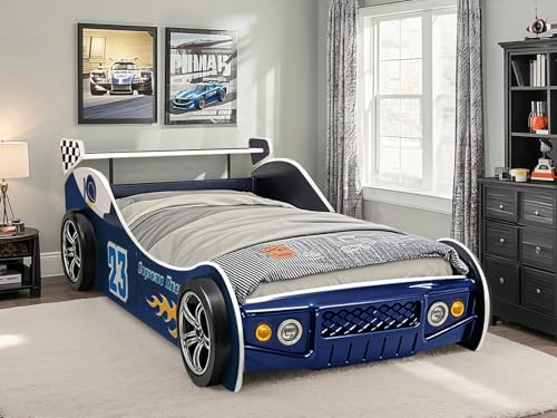 YWUFUART Race Car Twin Bed Frames for Kids, Wood Car-Shaped Bed Frame with Wheels LED Lights & Slat Support for Toddler, Teens, Boys or Girls (Race Car-Blue)