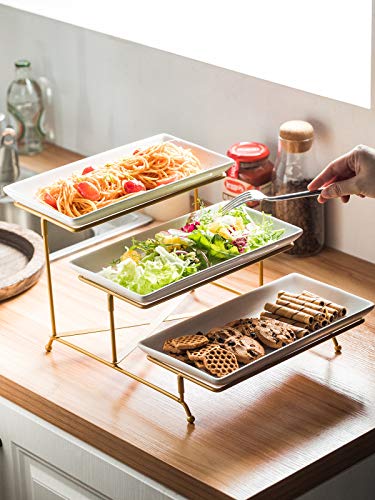Lauchuh 3 Tier Serving Stand With Porcelain Serving Platter Tier Serving Trays With Collapsible Sturdier Rack, Thanksgiving Serving Dishes And Platters,Gold, 12 Inch #TOP4