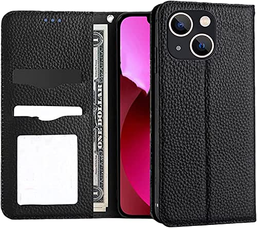 Étui pour iPhone 13 Mini de type portefeuille en cuir noir pour protéger écran et ranger cartes