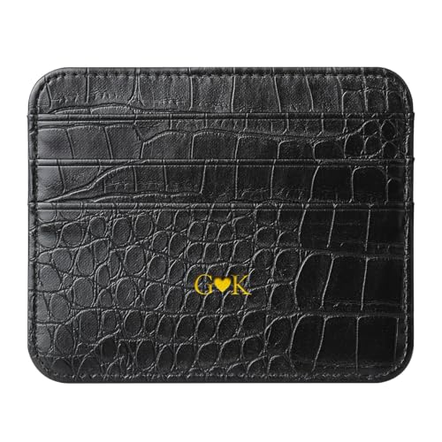 Custom Name Initials Front Pocket Wallet, Crocodile Pattern PU Leather Credit Card Holder, Personalized Letter Monogrammed Embossed, Slim Thin Minimalist Black Card Cases, Gift Idea for Women Men