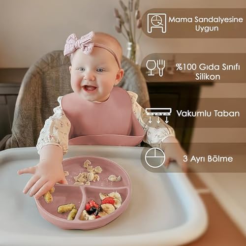 Meleni Baby 3'lü Silikon Beslenme Seti - Silikon Mama Önlüğü Kulplu Bardak Vakum Tabanlı Tabak Pembe - Görsel 6