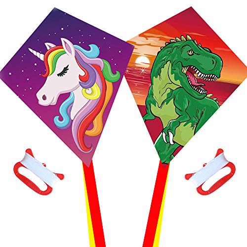 HONBO Kinder-Drachen - Einleiner-Flugdrachen für Kinder ab 3 Jahren, Einhörner und Dinosaurier Eddy Kite 70x60cm